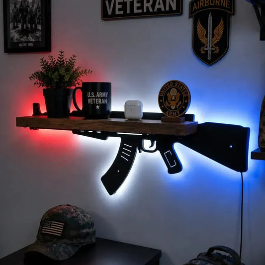 🎯 LED Backlit Wall Display Shelf – Rifle‑Inspired Silhouette with 5 Color Modes