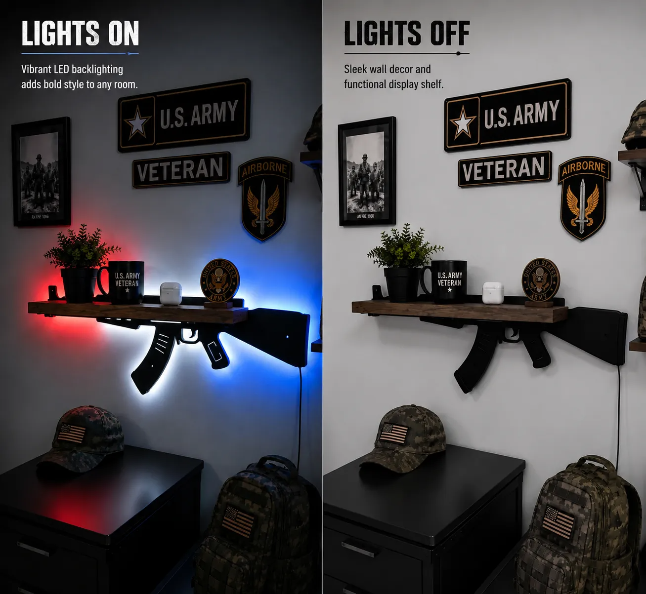 🎯 LED Backlit Wall Display Shelf – Rifle‑Inspired Silhouette with 5 Color Modes