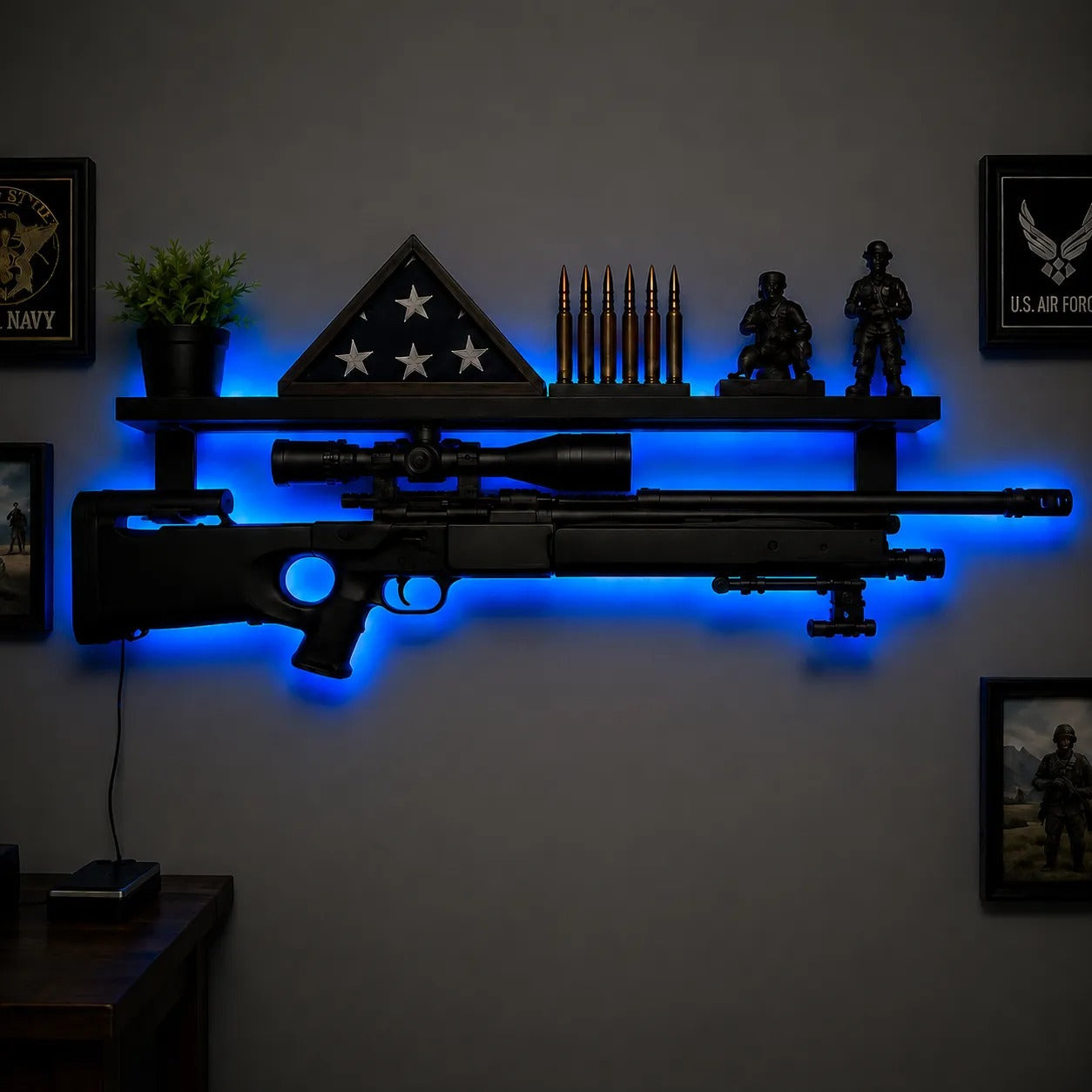 🎯 LED Backlit Wall Display Shelf – Rifle‑Inspired Silhouette with 5 Color Modes