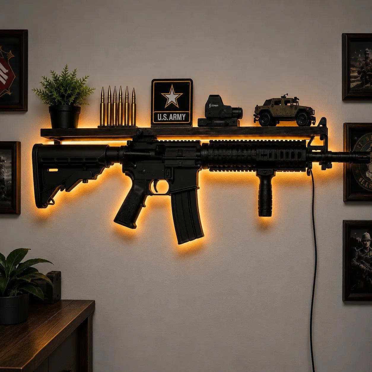 🎯 LED Backlit Wall Display Shelf – Rifle‑Inspired Silhouette with 5 Color Modes